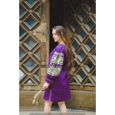 Boho Style Ukrainian Embroidered Classic Dress Purple with Neon Green Embroidery